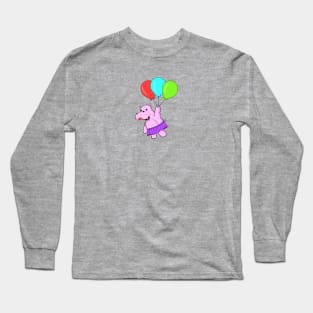 Cute Cartoon Hippo Flying With Balloons Long Sleeve T-Shirt